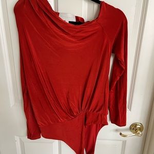 MICHELLE MASON LONG SLEEVE OFF THE SHOULDER THONG BODYSUIT - SIZE: LARGE